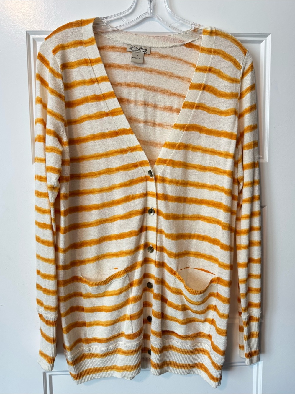 Lucky Brand Striped Cardigan Sweater L Mustard Cream Button Front Pockets
